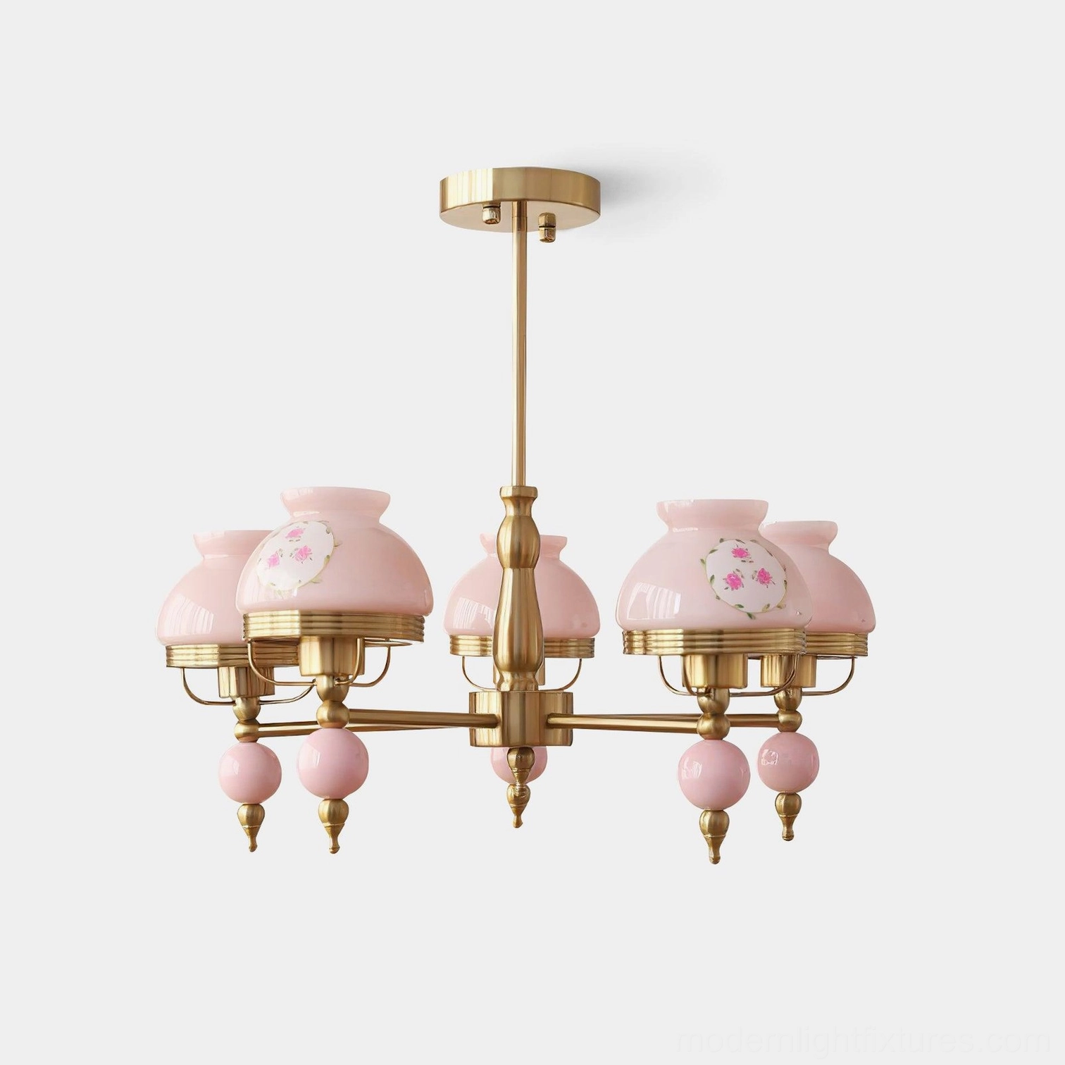 5-head vintage floral glass chandelier with pink flower shades and brass gold frame in studio setting