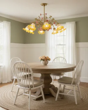 Vintage floral chandelier with glowing yellow glass shades in traditional dining room setting