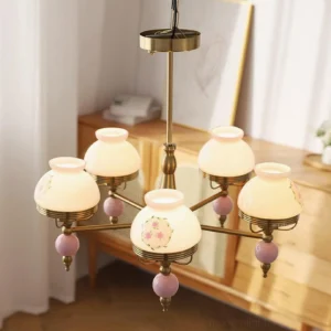 5-head retro glass chandelier with off-white flower shades and purple-pink ceramic pendants in Japanese interior