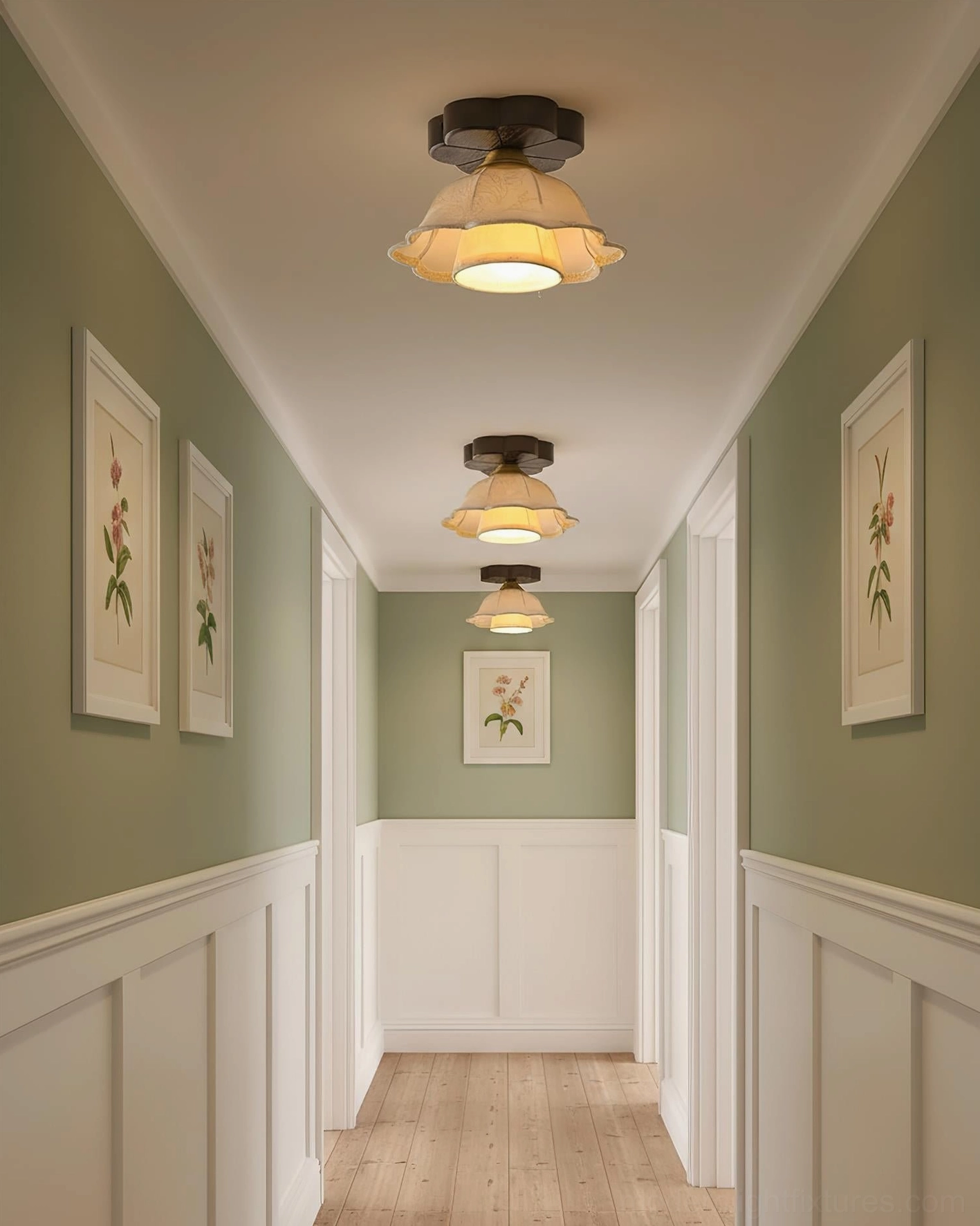 Row of vintage floral ceiling lights in wainscoted residential hallway with green wall décor, elegant pastoral interior styling