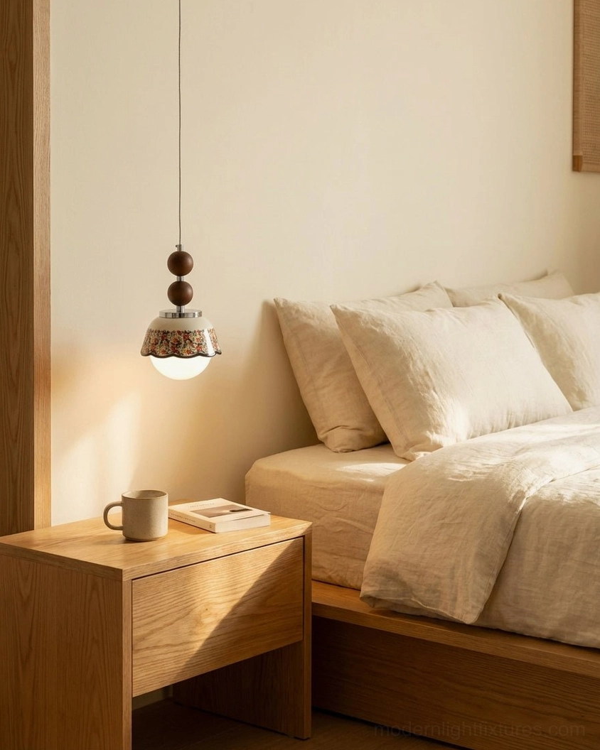 Vintage floral pendant lamp positioned at bedside with warm lighting in minimalist rustic master bedroom with wooden bed frame