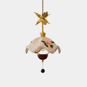 Vintage floral pendant lamp with scalloped shade and hand-painted roses, front studio view
