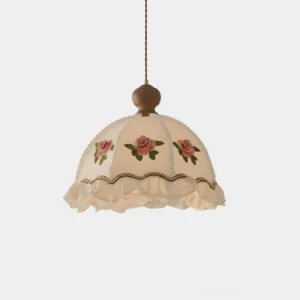 Frillia vintage floral pendant light with hand-painted rose motifs and ruffled fabric dome shade, front studio view