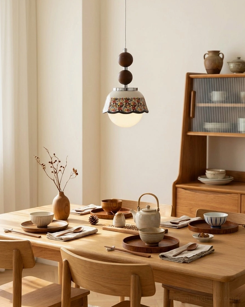 Vintage floral pendant light in rustic wooden tea dining room suspended above table with tea set, traditional pastoral style lighting