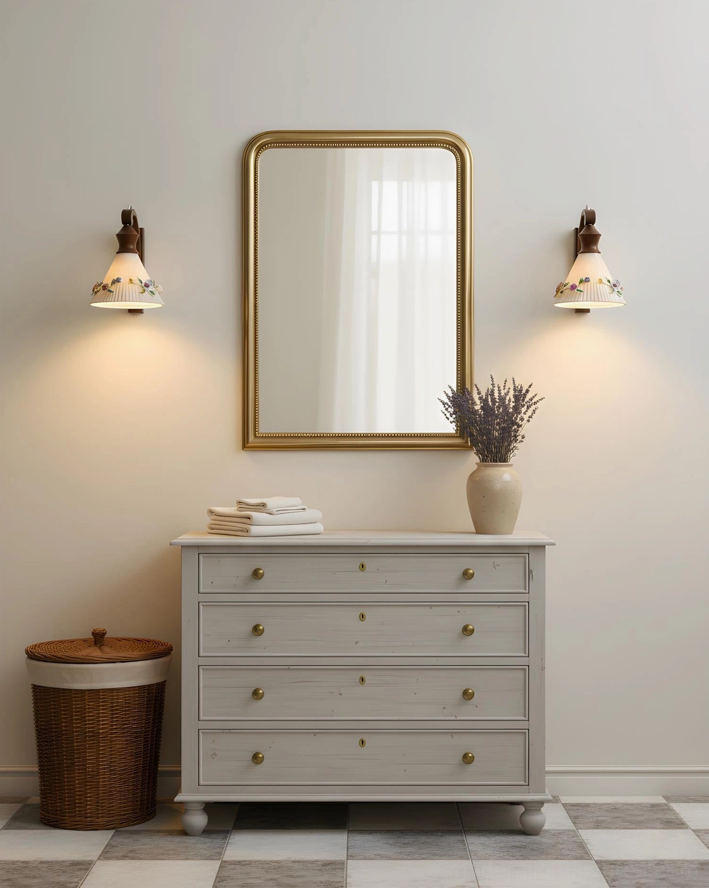 Pair of vintage floral wall sconces flanking mirror in American country bathroom vanity setup