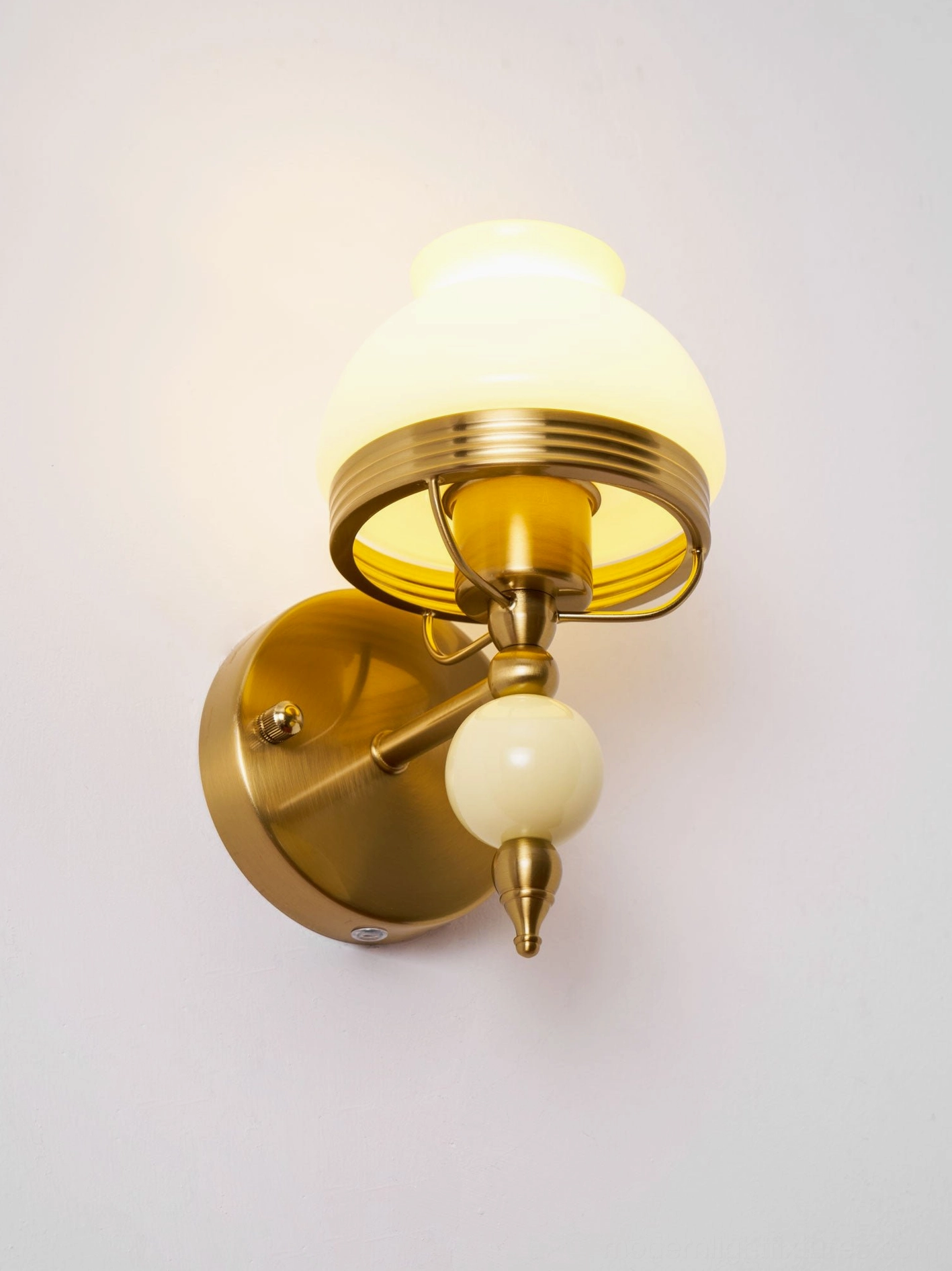 Vintage floral wall lamp showing elegant frosted glass shade with brass accents