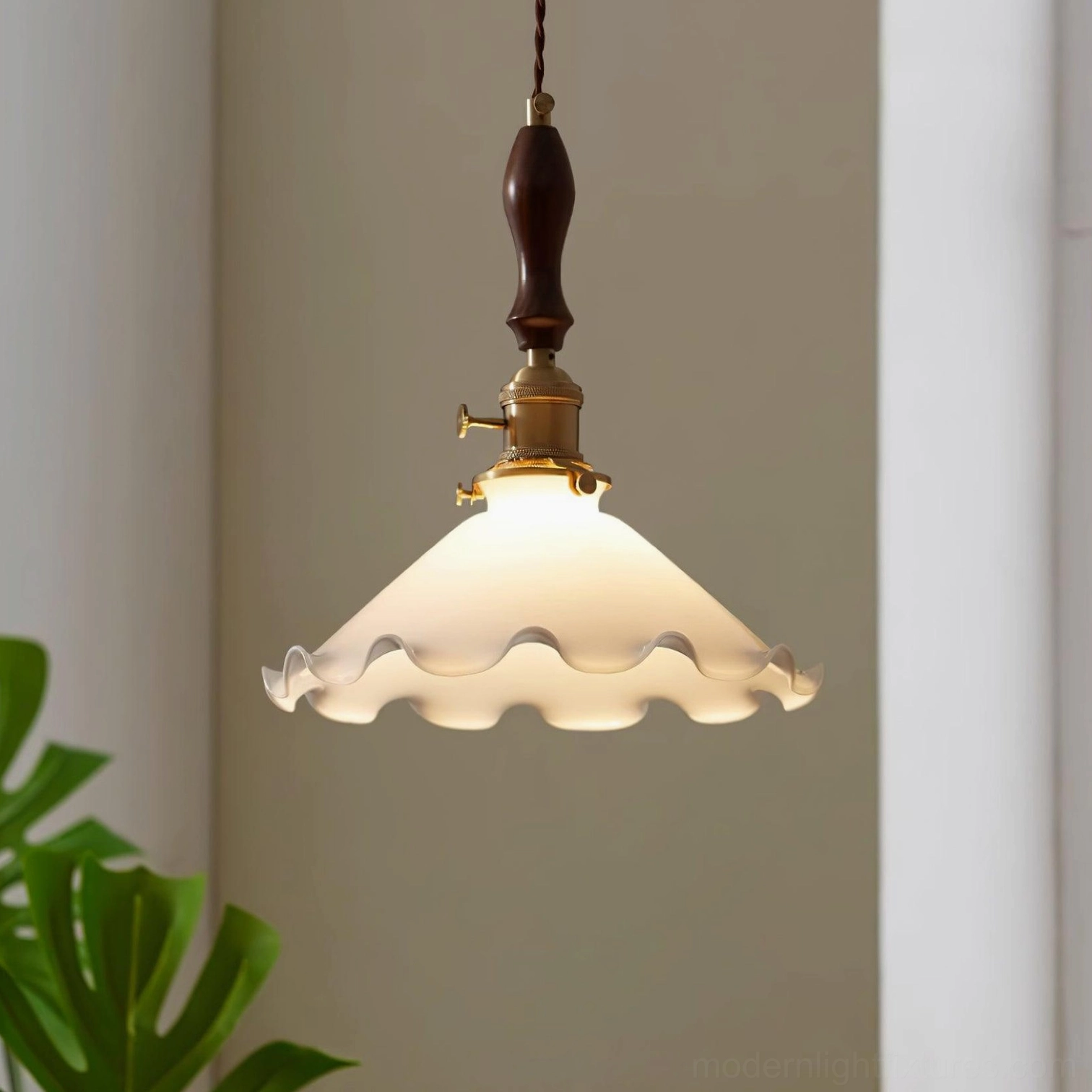 Vintage milky flower pendant with brass and wood hardware, elegant ambient lighting