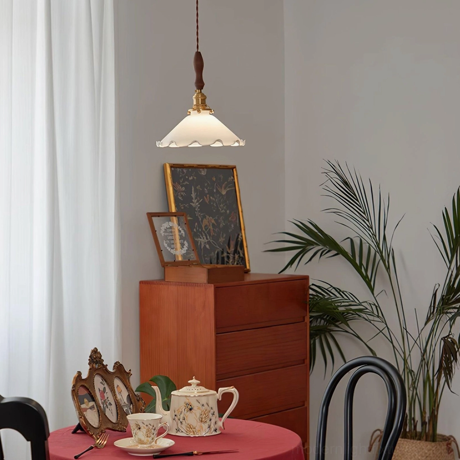 Vintage milky flower pendant light with frosted ruffled shade, detailed product view