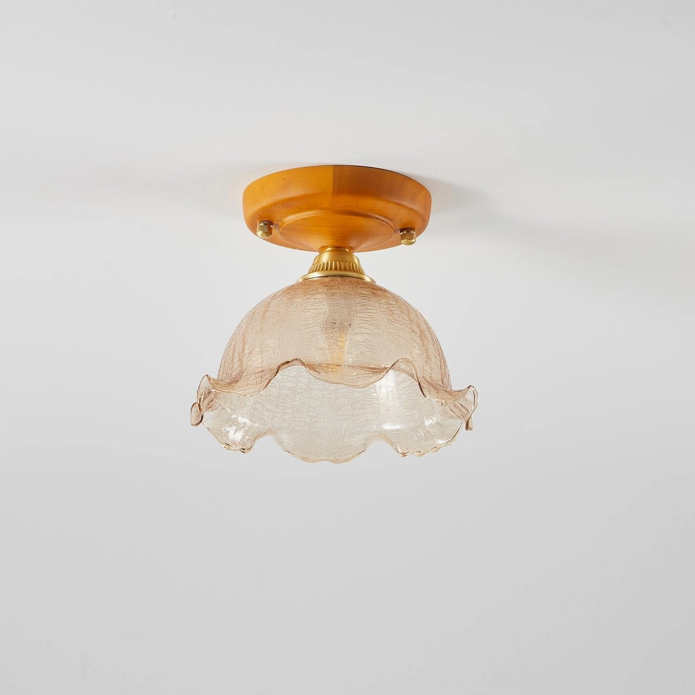 Brass and wood mounted vintage glass ceiling light detail shot showing hardware craftsmanship