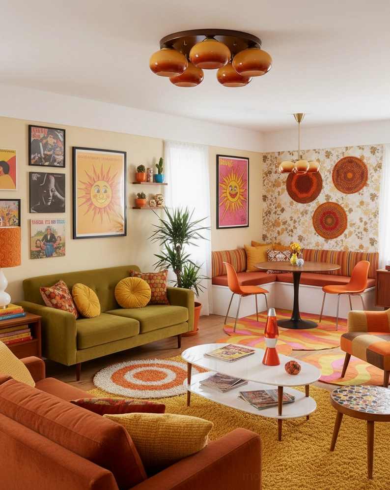4-head vintage glass ceiling light fixture in 1970s inspired living room with retro interior design