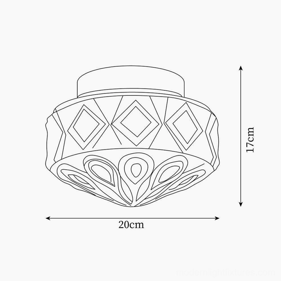 Technical schematic line drawing of carved glass flush mount ceiling light with dimension specifications 20cm diameter by 17cm height