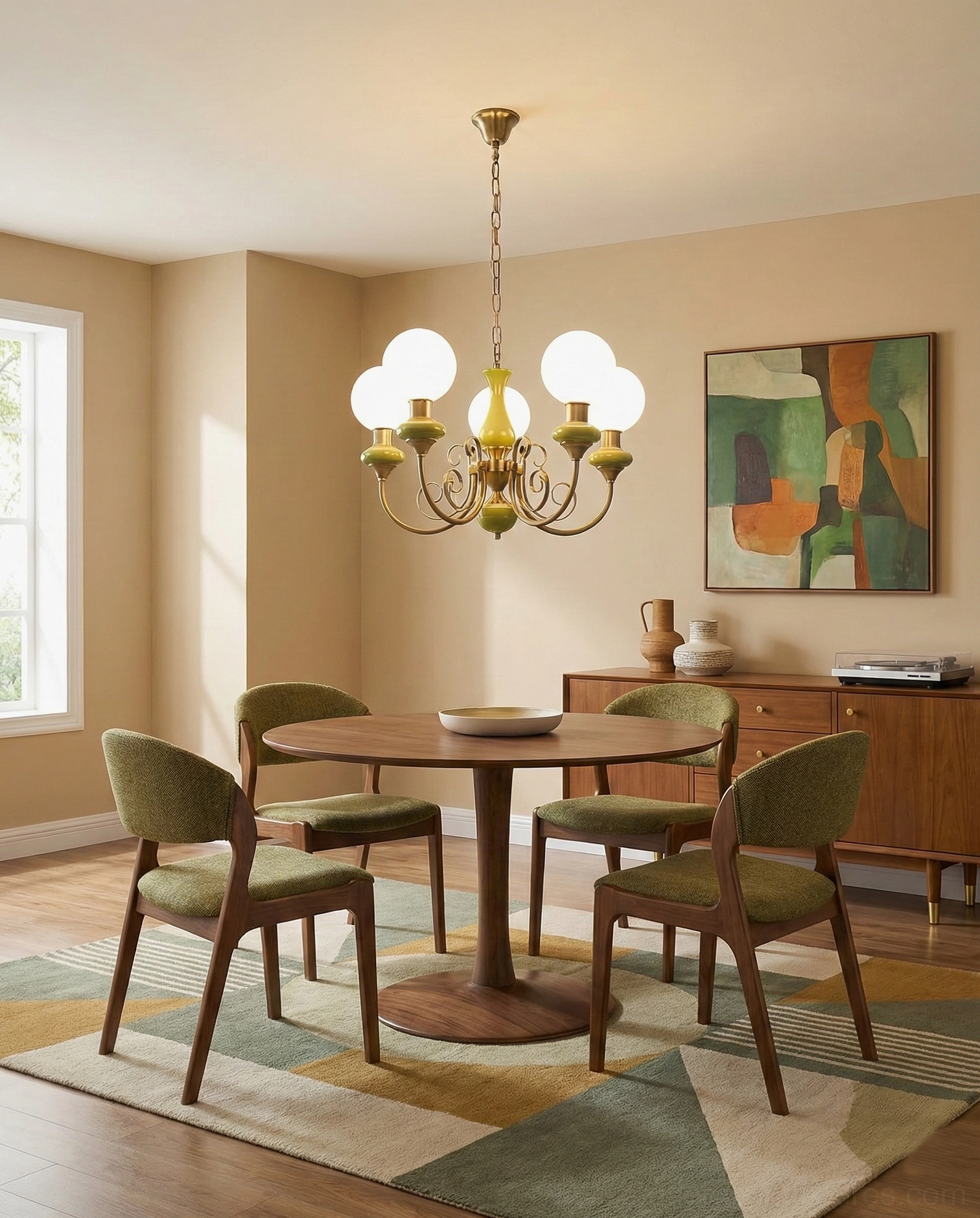 Vintage glass chandelier with warm glowing bulbs in French style dining room with wooden furniture