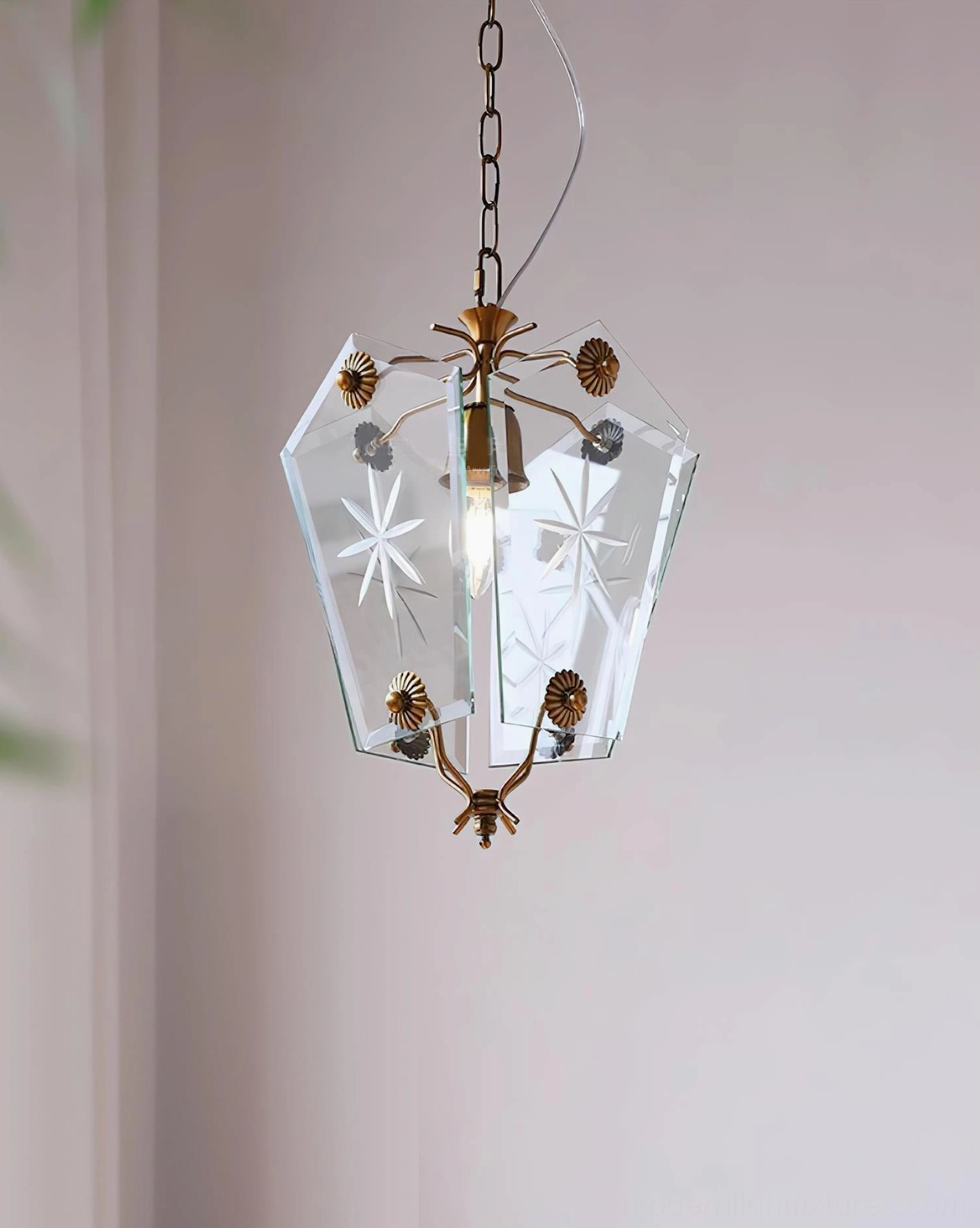 Rear view vintage star-etched glass pendant lamp brass metal fixture architectural lighting