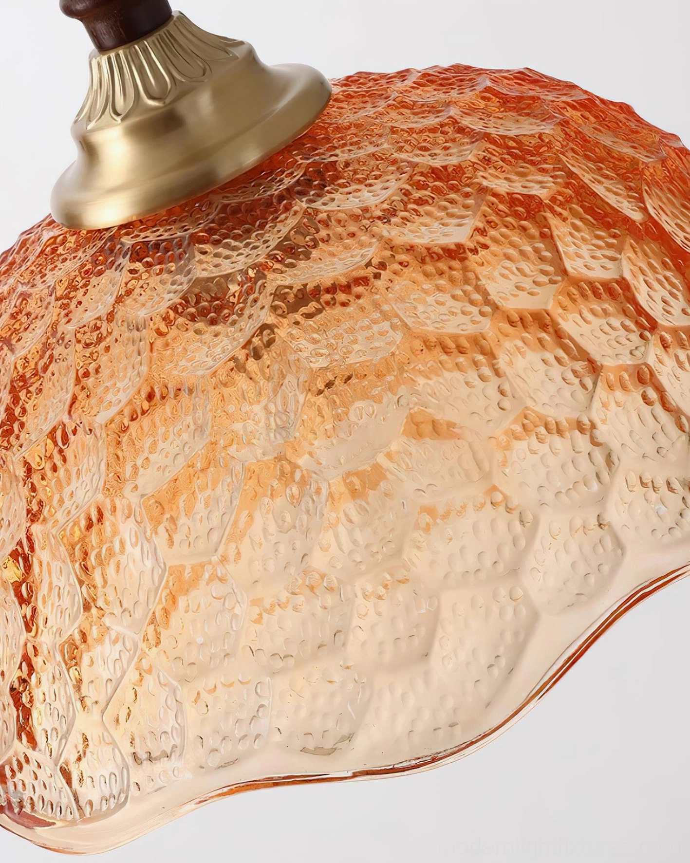 Vintage glass pendant lamp with scalloped shade, brass and wood hardware, artistic lighting fixture display