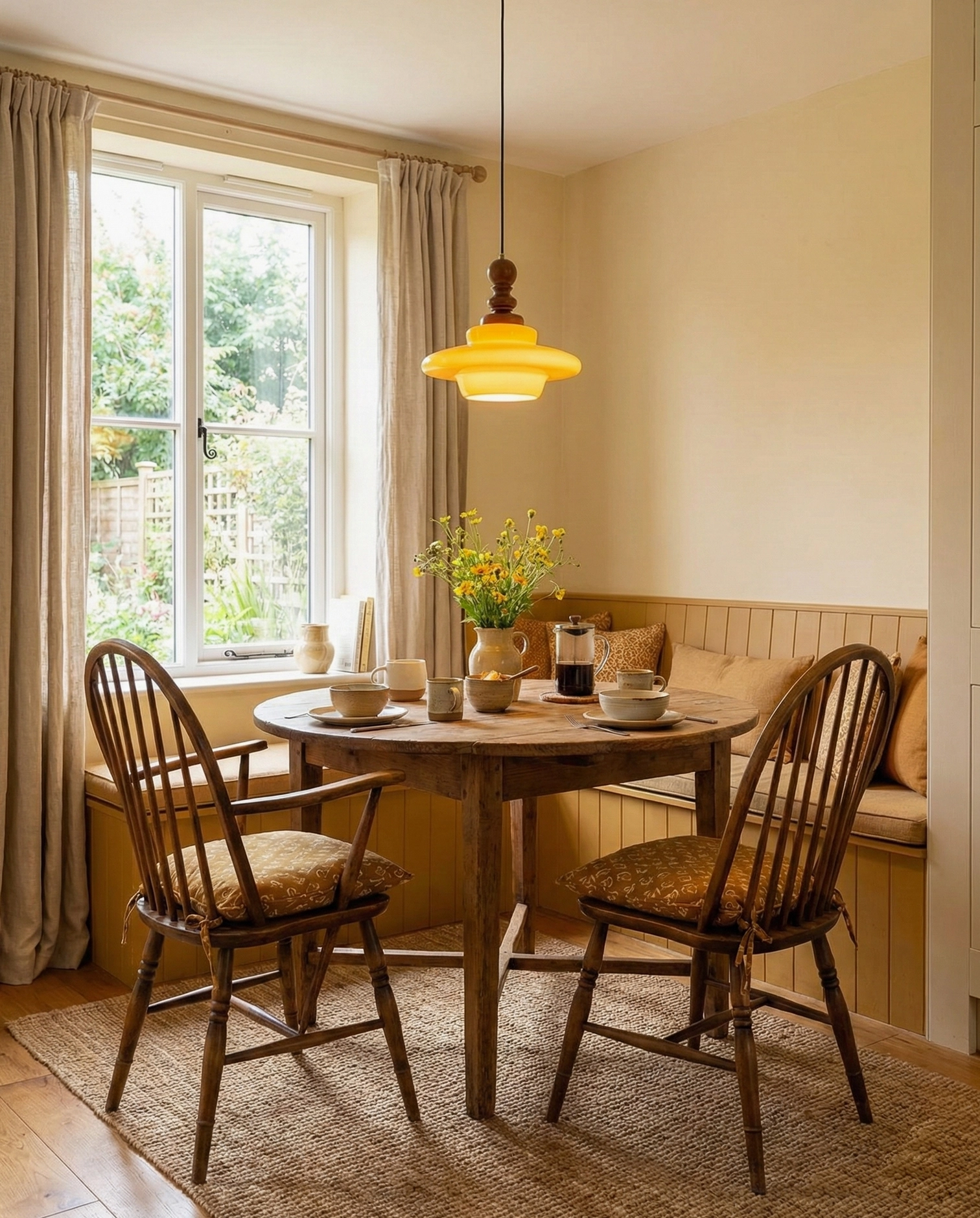 Single mid-century modern pendant lamp installed in cozy dining room with round wooden table and spindle-back chairs
