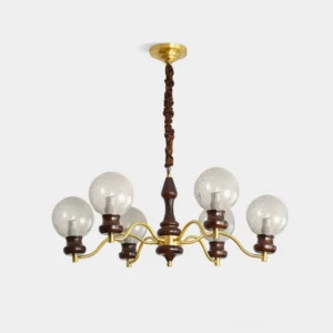 6-head vintage crackled glass globe chandelier with brass arms and walnut wood base, studio product shot