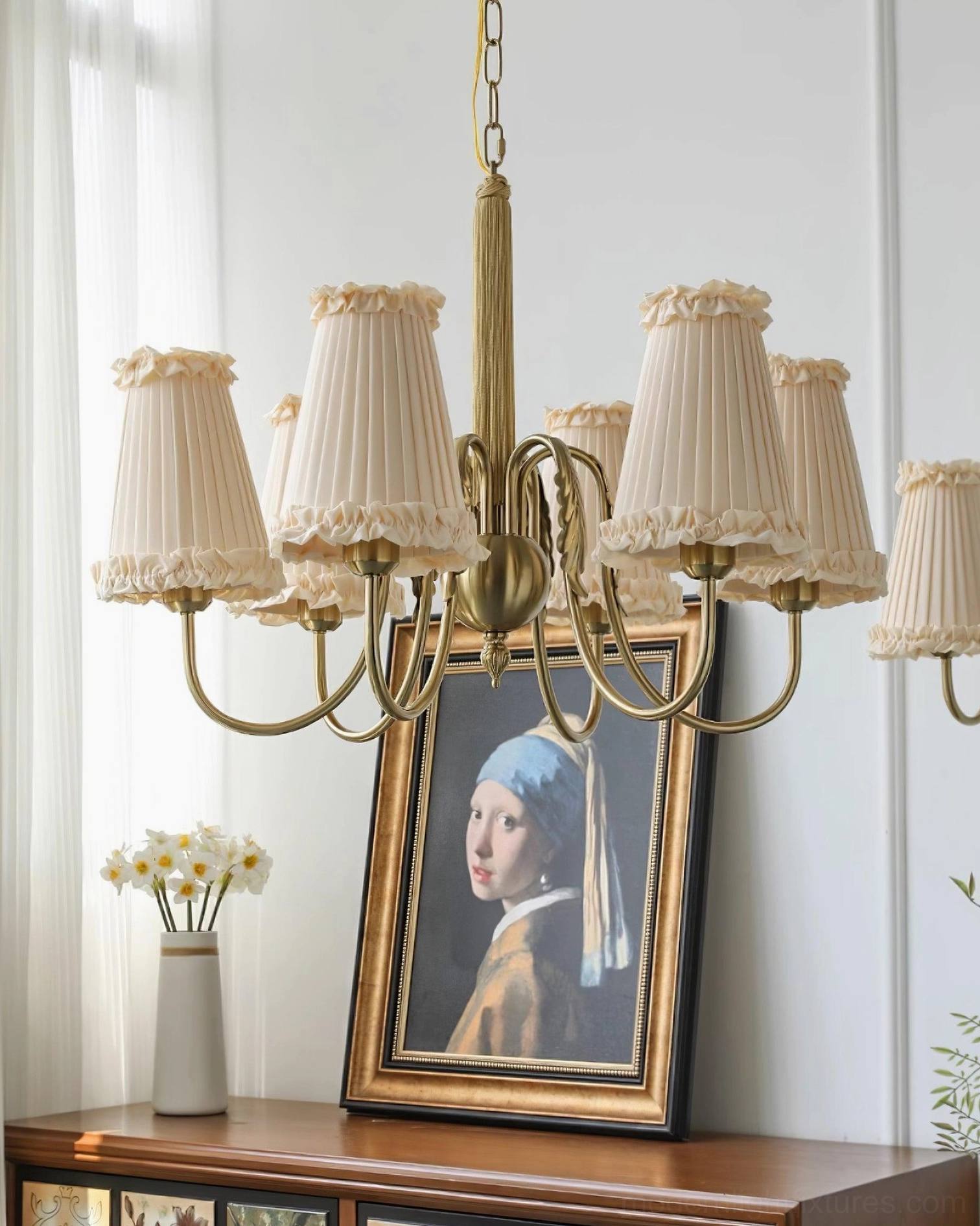 10-arm vintage gold chandelier three-quarter view home interior