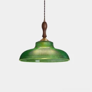 Vintage green ribbed glass pendant lamp with brass and walnut wood accents, front view studio shot