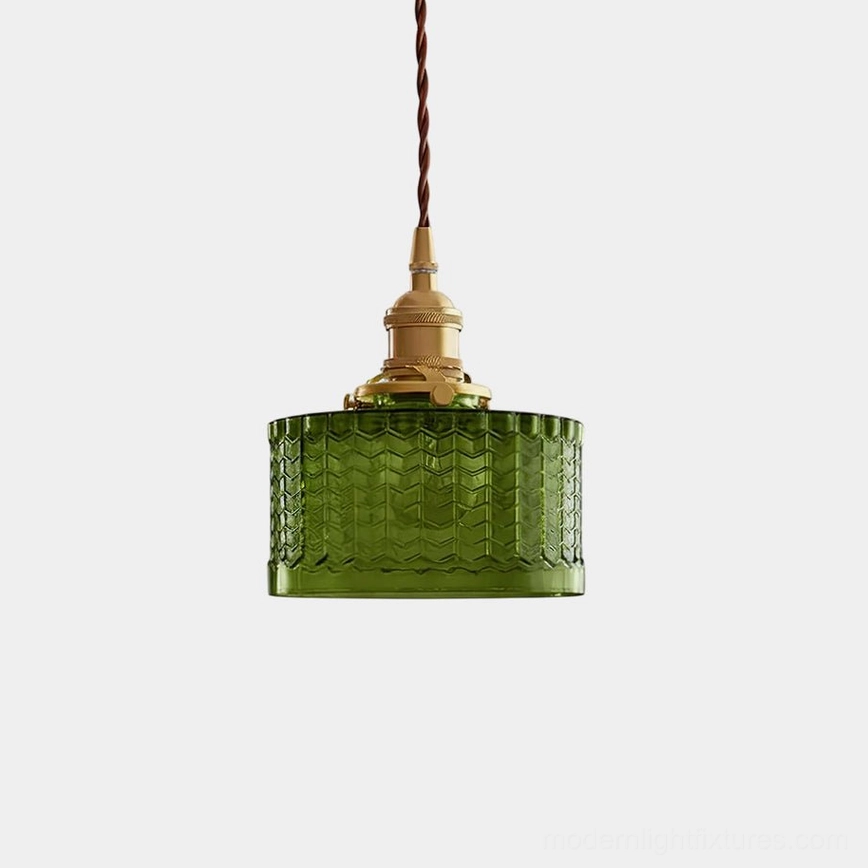 Vintage green glass pendant light with geometric chevron pattern and brass fixtures - front view studio shot
