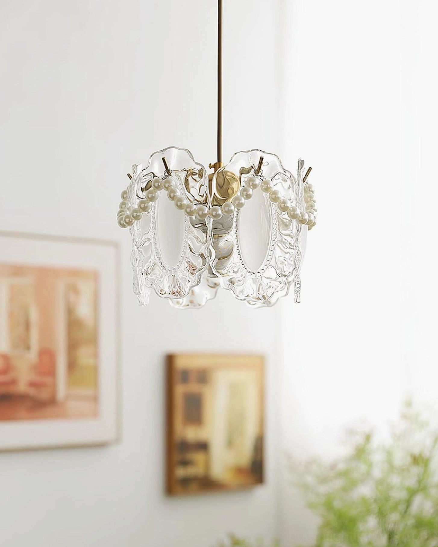 Vintage-inspired crystal petal pendant light with pearl beaded detailing and sophisticated glass shade design