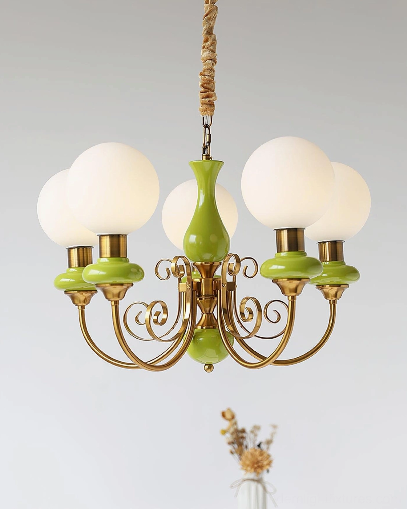 Vintage inspired glass chandelier with frosted shades and ornate metallic suspension