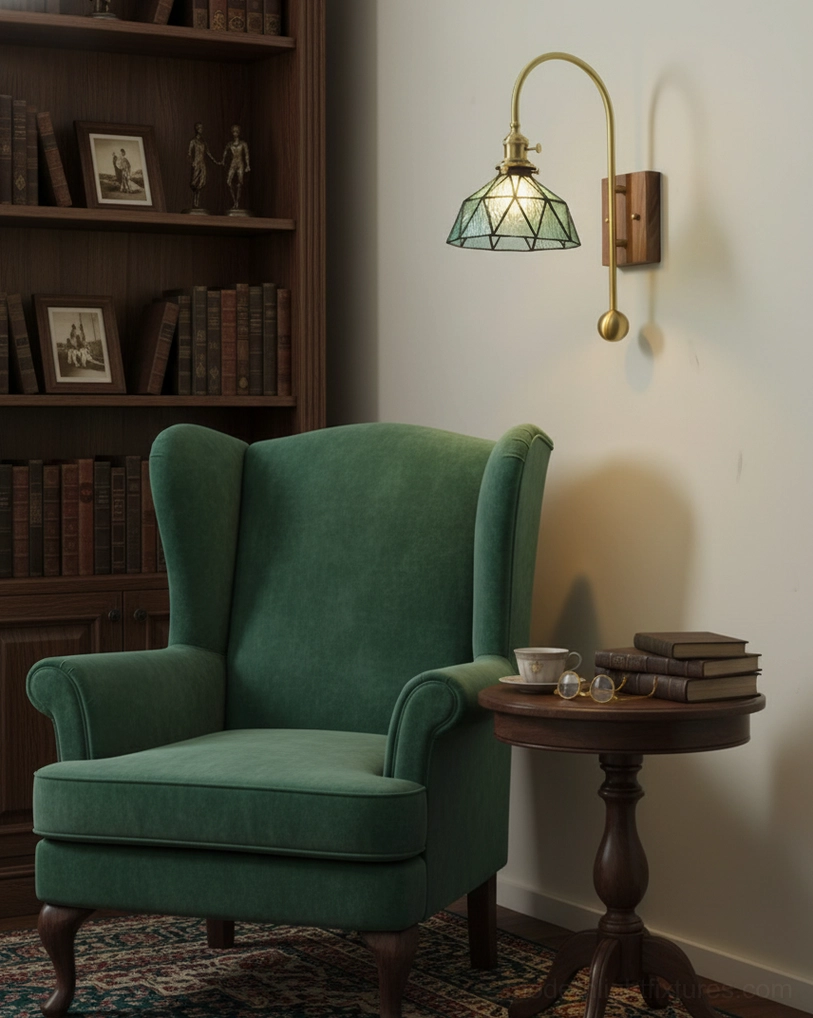 Elegant vintage-inspired wall sconce combining brass hardware with walnut wood accents