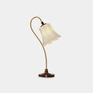 Vintage lace table lamp with curved brass arm and embroidered fabric shade on dark wooden base - studio view