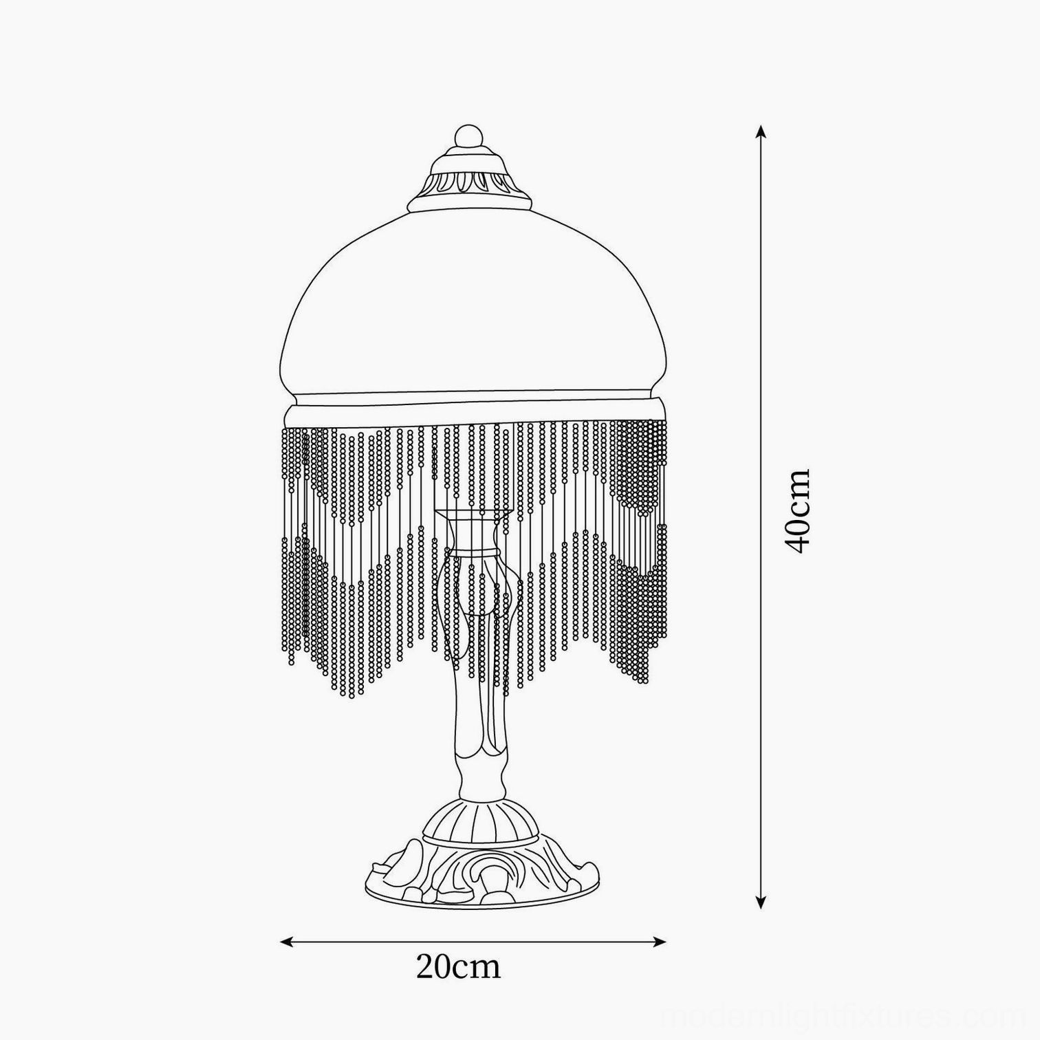 Technical line drawing specification sheet for vintage brass table lamp showing dimensions 40cm height and 20cm base diameter