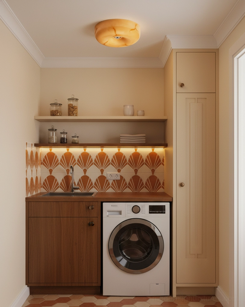 Warm white flush mount ceiling light in vintage-style laundry room with dark wood cabinets