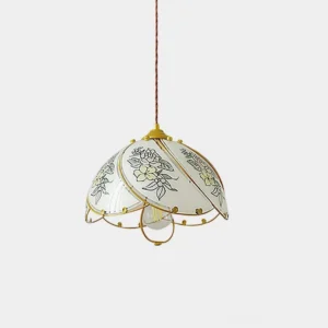Vintage lily floral pendant light with brass frame and milk-white opal glass shade, front studio view