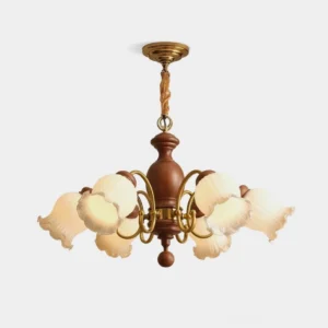 Vintage lily of the valley wood chandelier with white glass shades and brass metal frame - studio front view