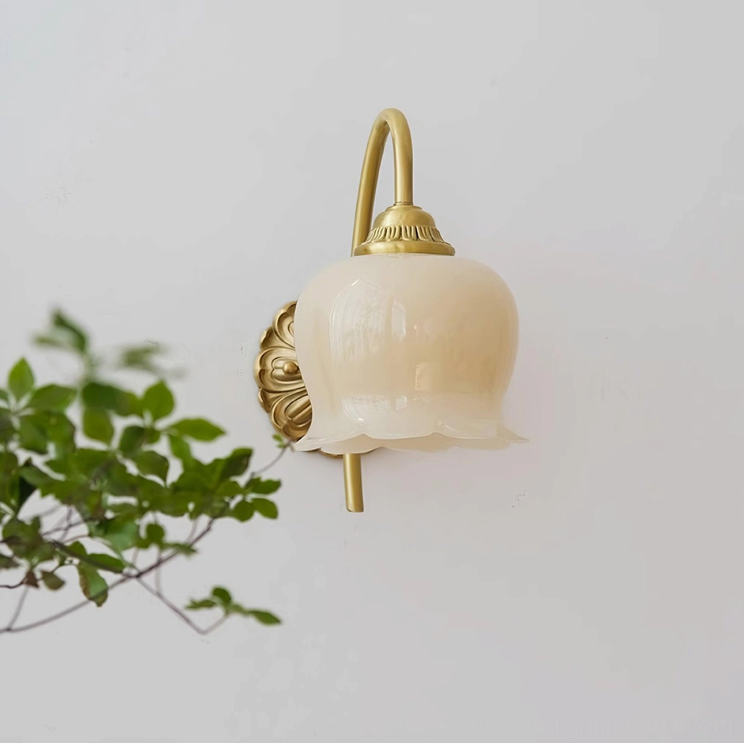 Vintage Lily of the Valley Wall Sconce Installed on Accent Wall with Framed Decor - Traditional Style