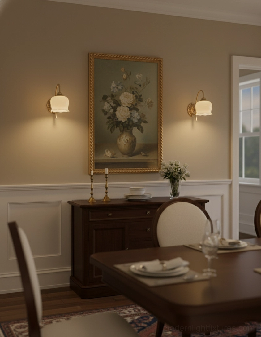 Vintage Lily of the Valley Wall Sconce Rendering - Brass and Cream Glass Shade Detail