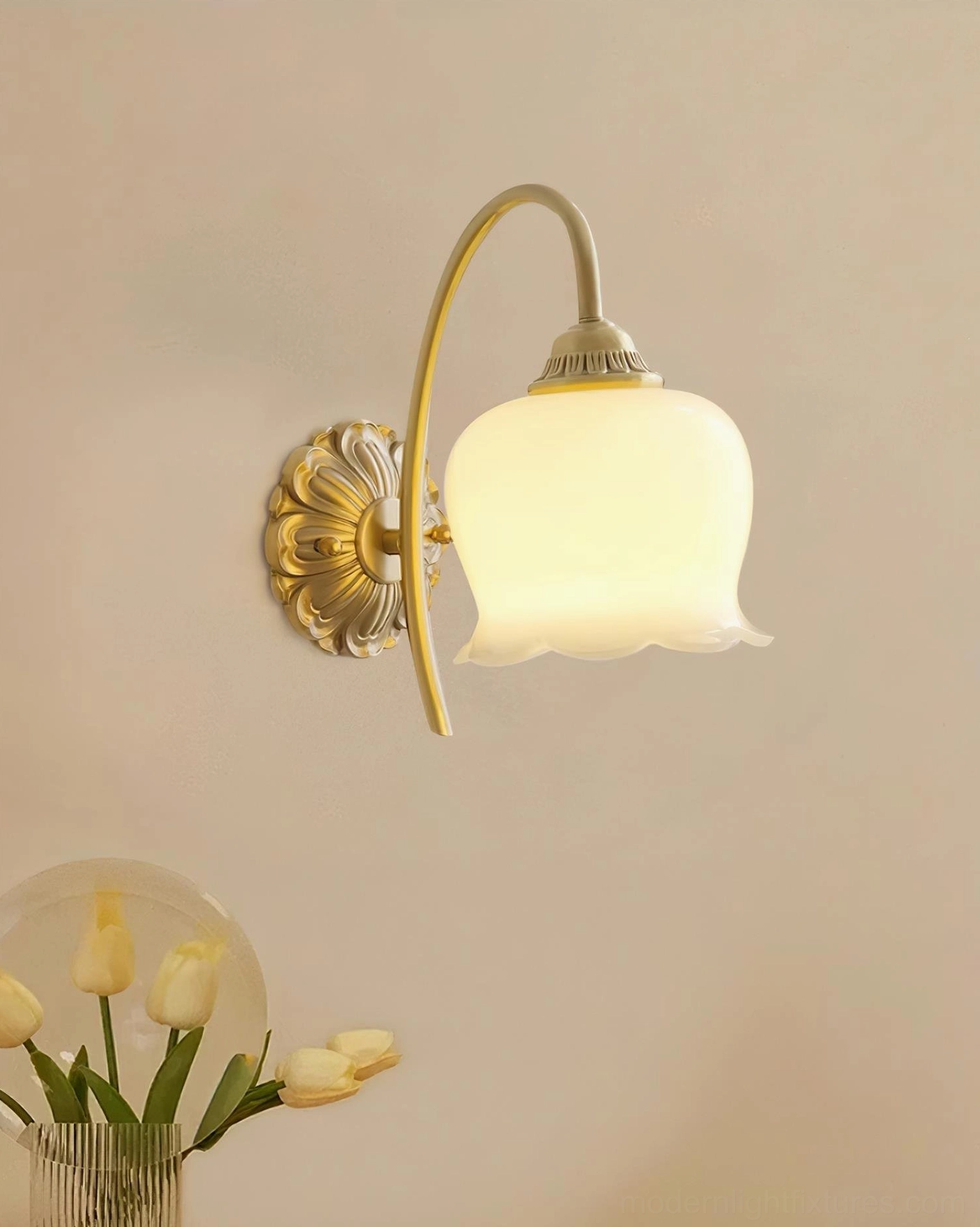 Vintage Lily of the Valley Wall Sconce Illuminated Close-Up Showing Warm Light Through Cream Glass