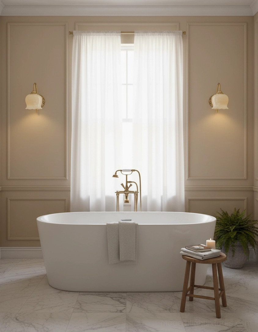 Vintage Lily of the Valley Wall Sconces Over Luxury Freestanding Bathtub - Minimalist Brass and Glass Design