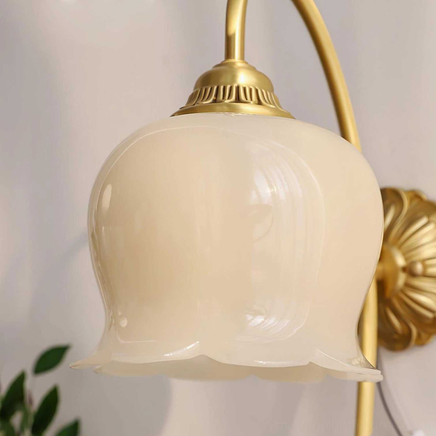 Vintage Lily of the Valley Wall Sconce Angled View - Brass Frame and Milk Glass Shade Construction