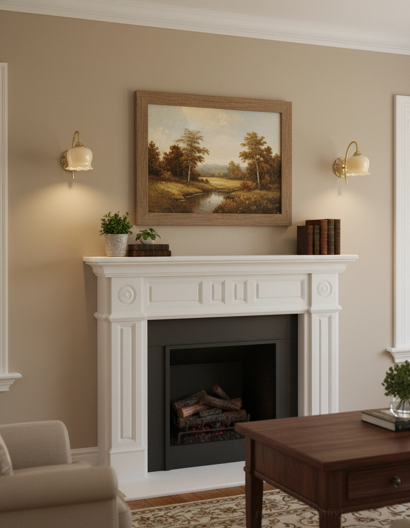 Pair of Vintage Lily of the Valley Wall Sconces in Living Room with Fireplace - Farmhouse Style Lighting