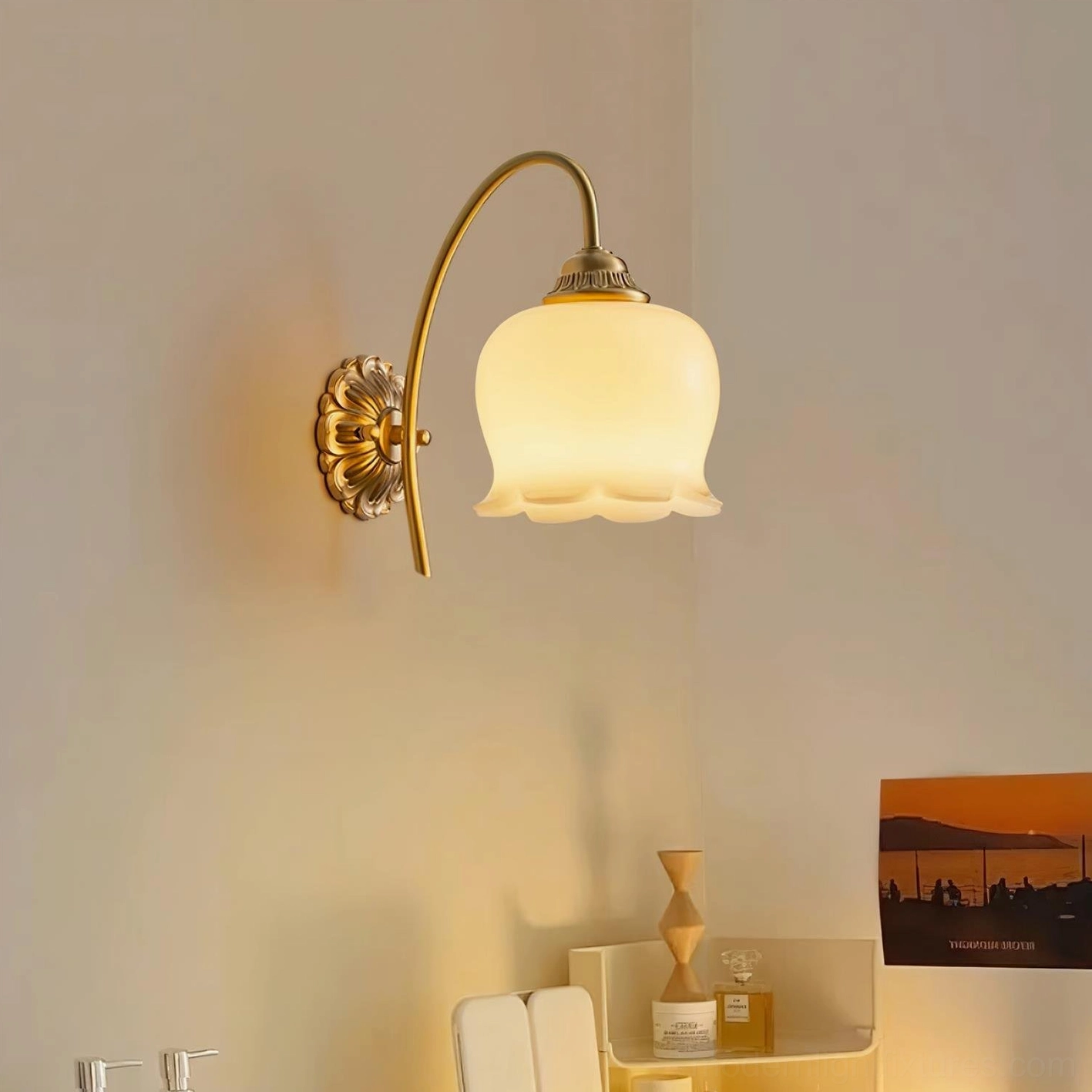 Vintage Lily of the Valley Wall Sconce Symmetrical Pair Installation - Interior Design Styling