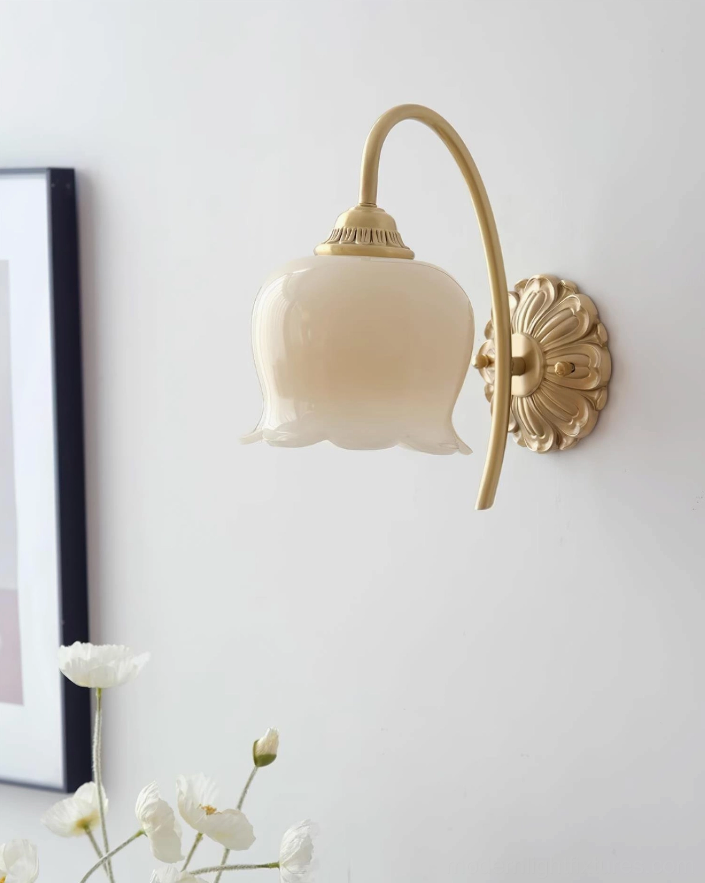 Vintage Lily of the Valley Wall Sconce Profile View Showing Brass Construction and Opal Glass Diffuser