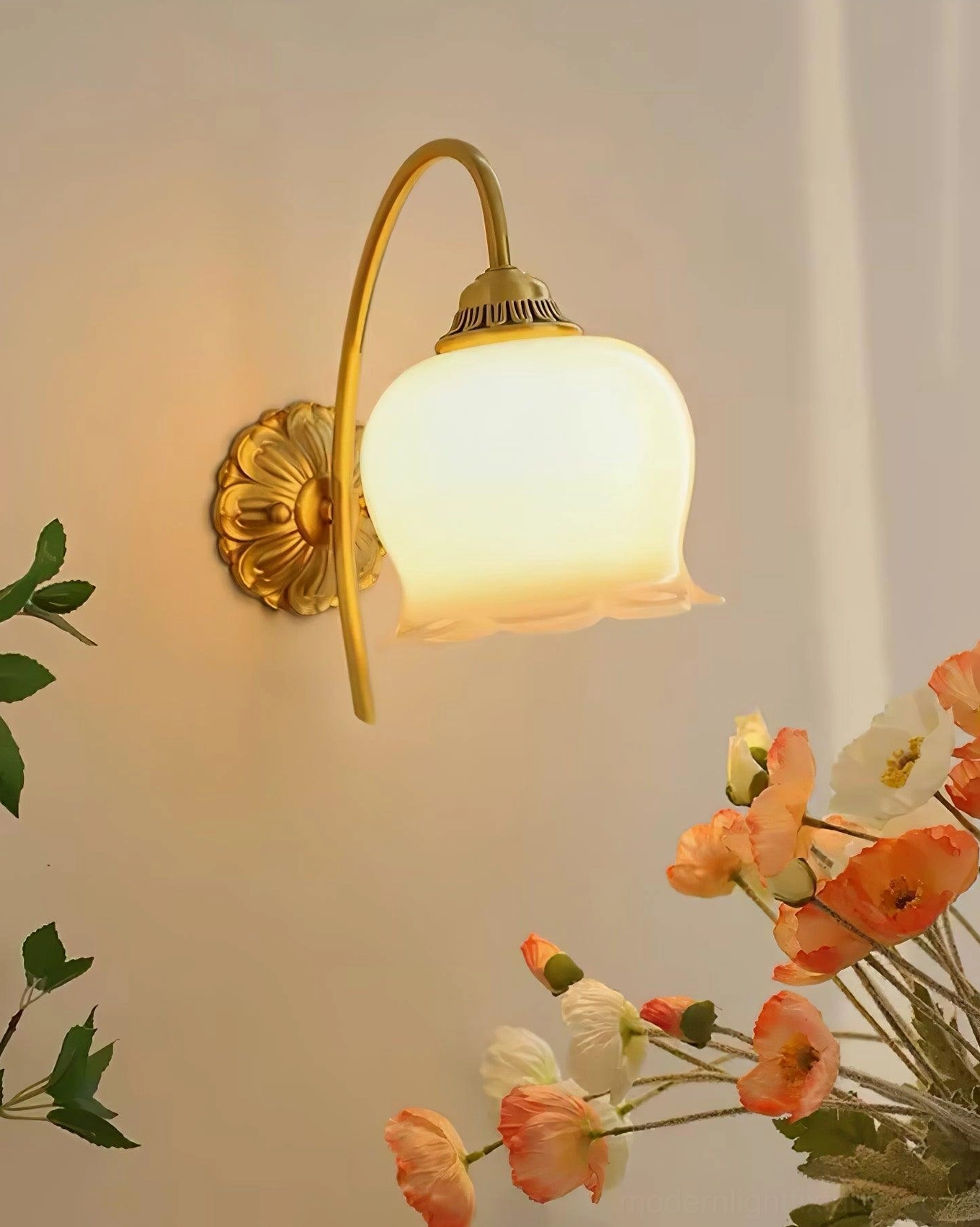 Vintage Lily of the Valley Wall Sconce Low Angle Side View with Curved Brass Arm and Opal Glass