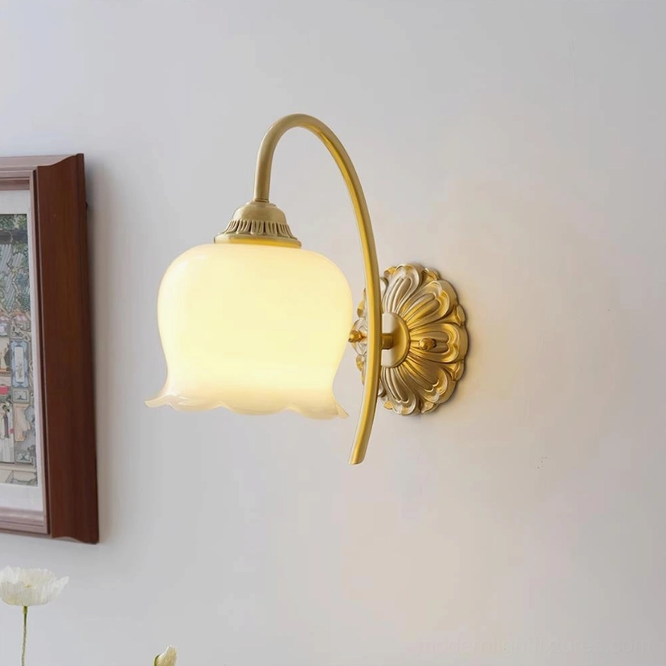 Vintage Lily of the Valley Wall Sconce Three-Quarter View Showing Polished Brass Hardware and Opal Glass Shade