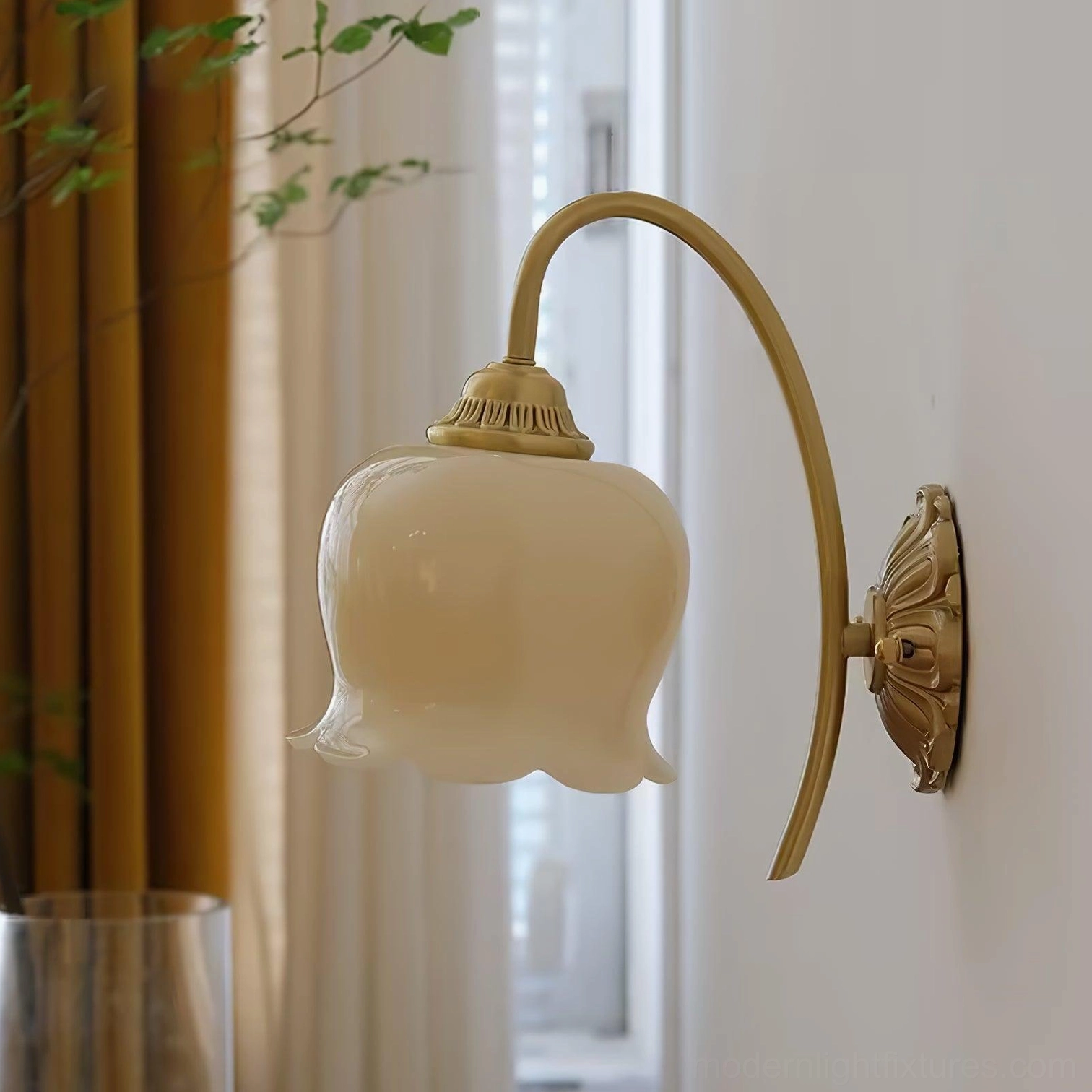 Vintage Lily of the Valley Wall Sconce in Window Setting Displaying Carved Brass Base and Creamy Glass Shade