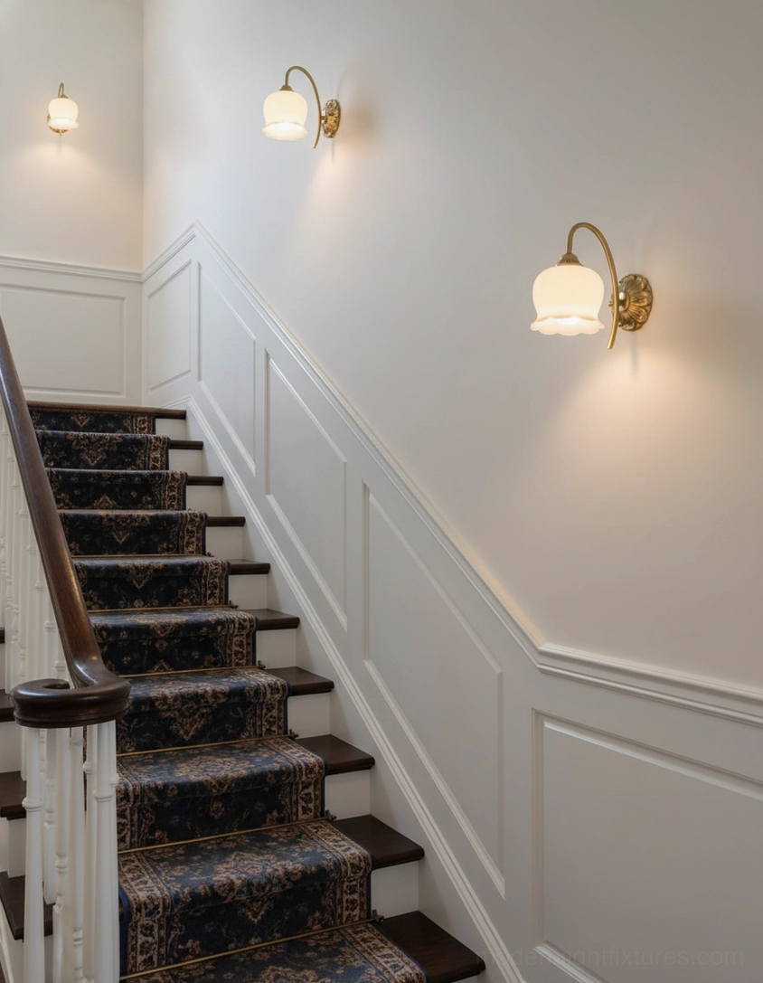 Multiple Vintage Lily of the Valley Wall Sconces Along Staircase Hallway Creating Classic Vintage Lighting Path