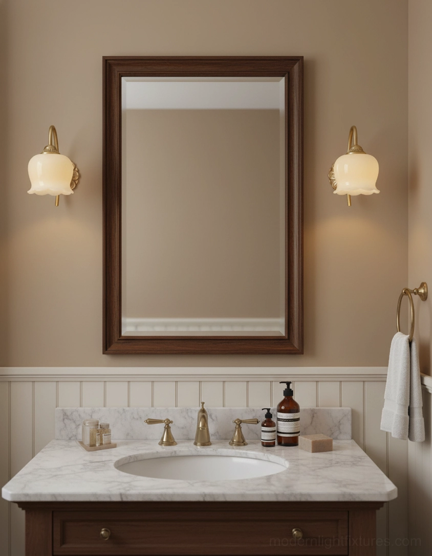 Vintage Lily of the Valley Wall Sconce Pair Mounted on Bathroom Vanity with Matching Milk Glass Shades