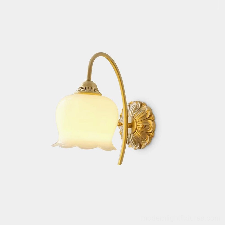Vintage Lily of the Valley Wall Sconce with Brass Frame and Cream Glass Shade - Front View Studio Shot