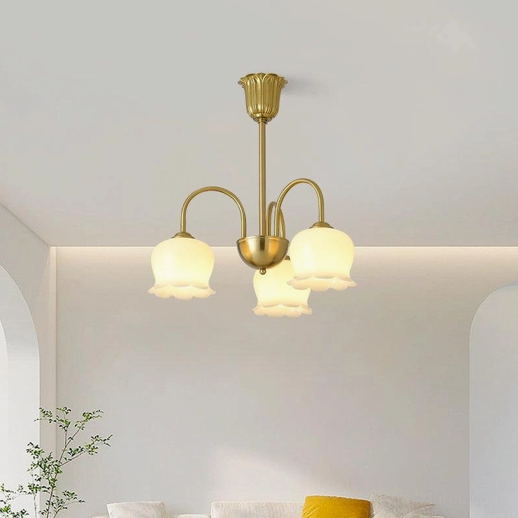 Vintage Mia 3-head bell orchid chandelier gold brass intimate space lighting
