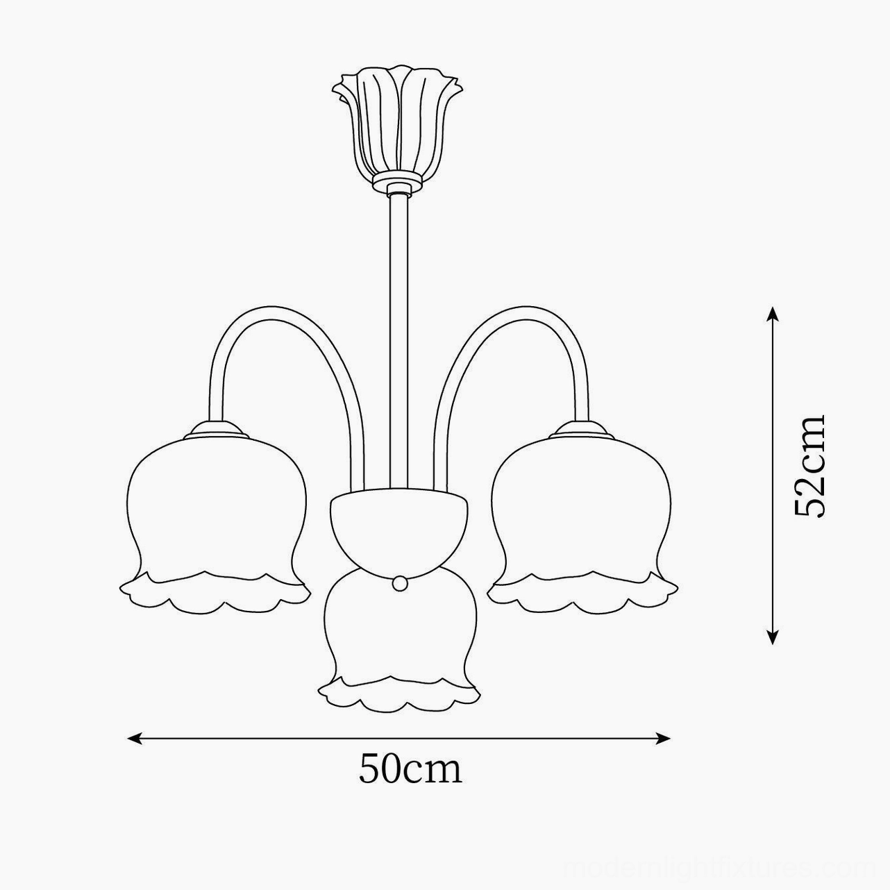 Vintage Mia 3-head bell orchid chandelier technical line drawing specifications