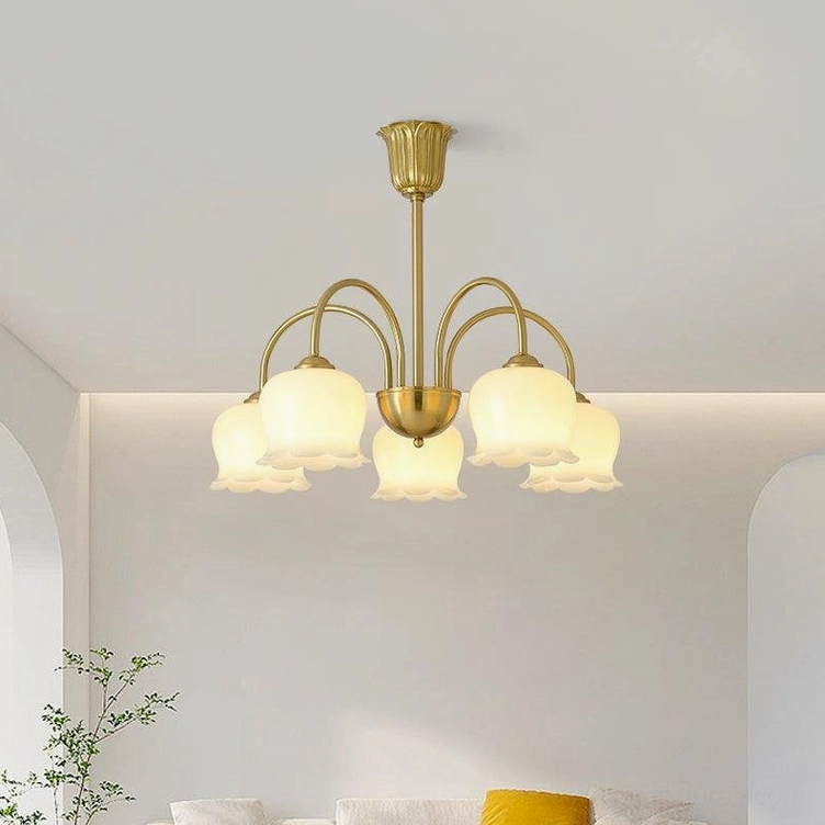 Vintage Mia 5-head bell orchid chandelier gold brass mid-size multi-head pendant
