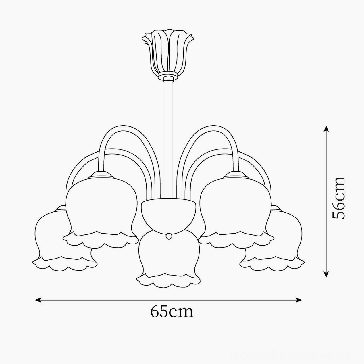 Vintage Mia 5-head bell orchid chandelier technical orthographic drawing dimensions