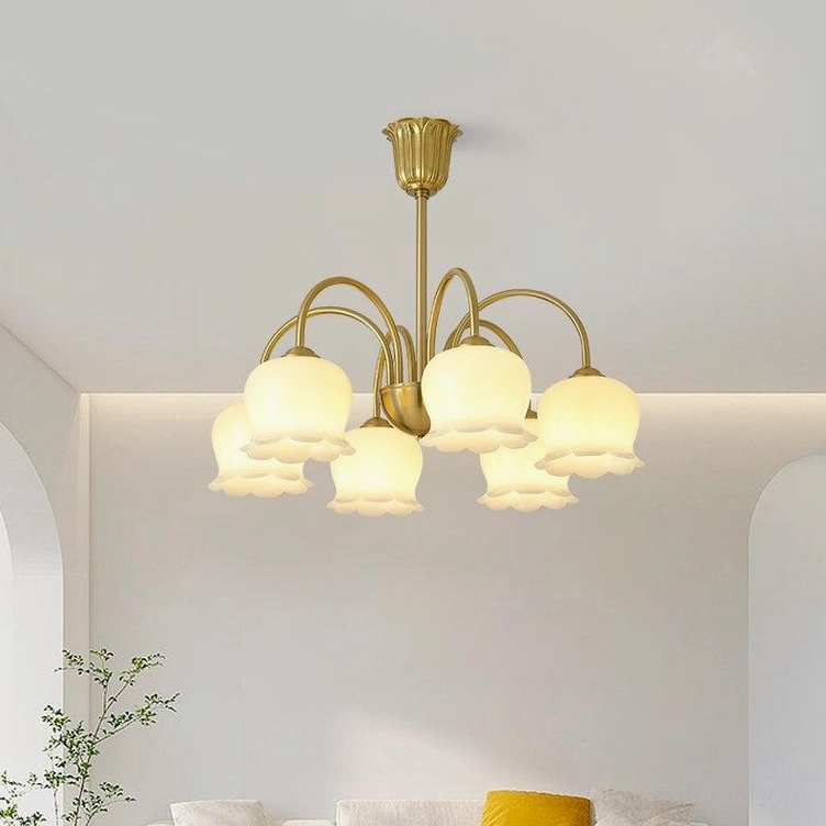 Vintage Mia 6-head bell orchid chandelier gold brass spacious room pendant lighting